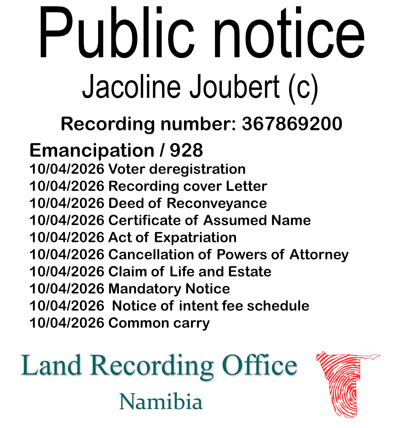 Public notice Jacoline Joubert (c) Recording number 367869200